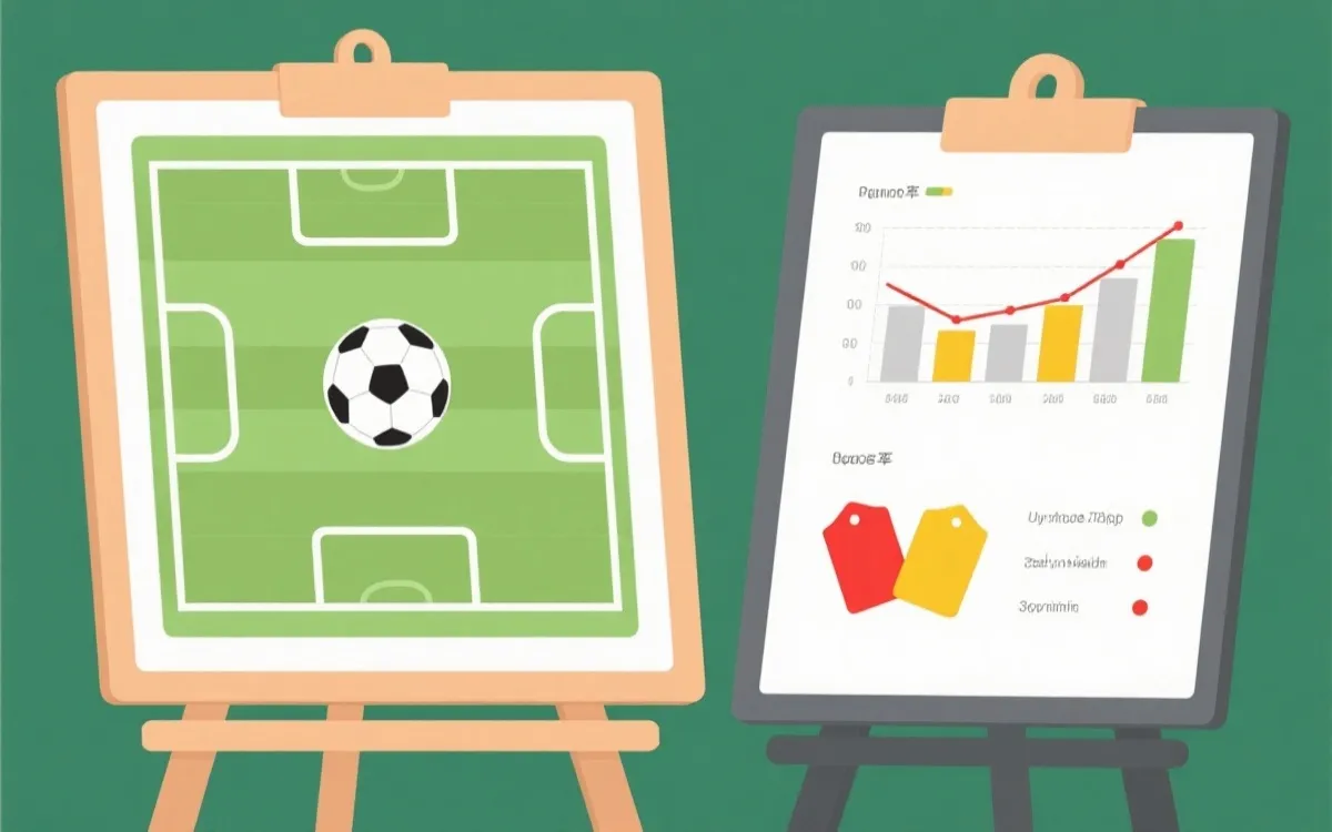 战术板与关键指标(控球、射门、红黄牌)可视化的概念图